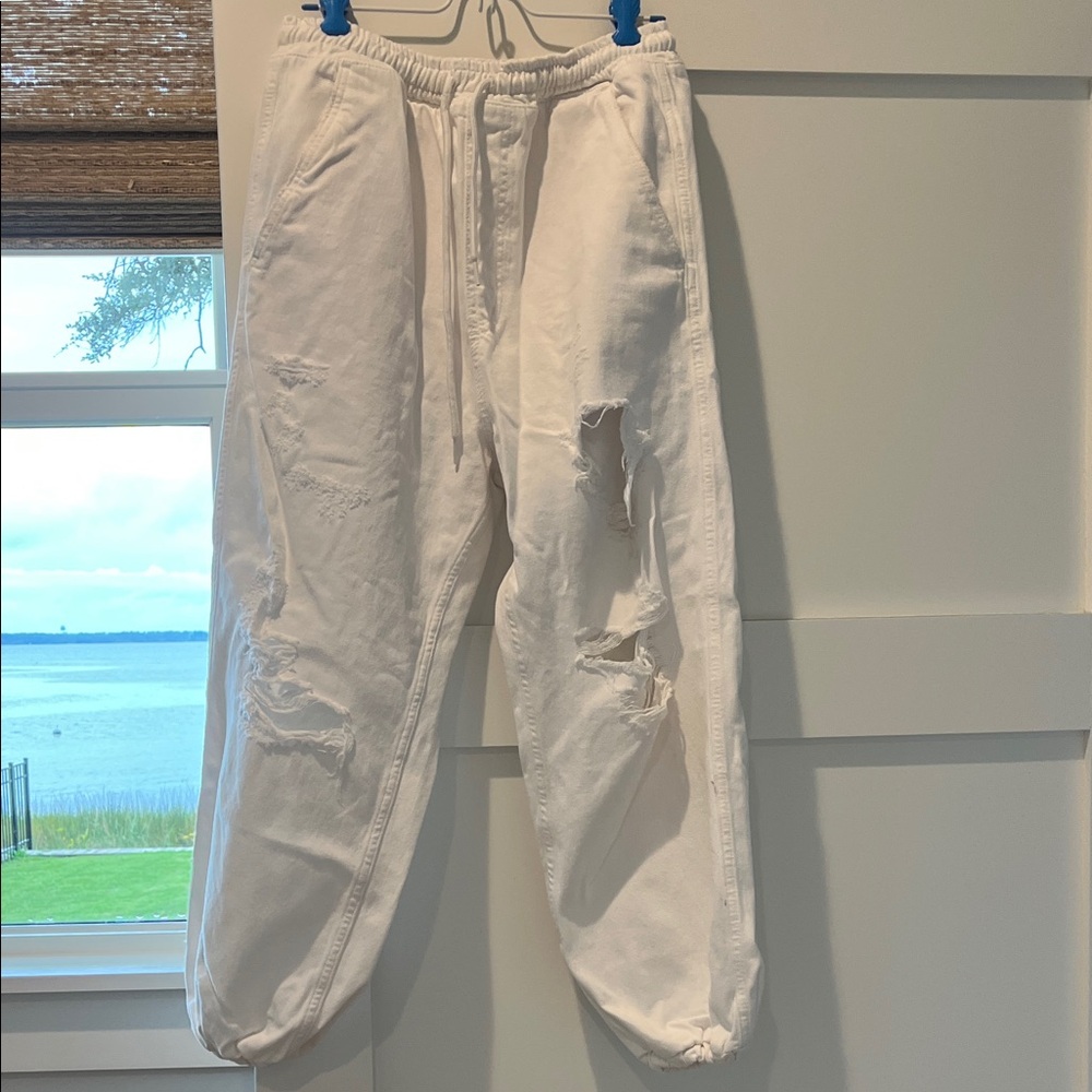 Free People White Distressed Denim Joggers